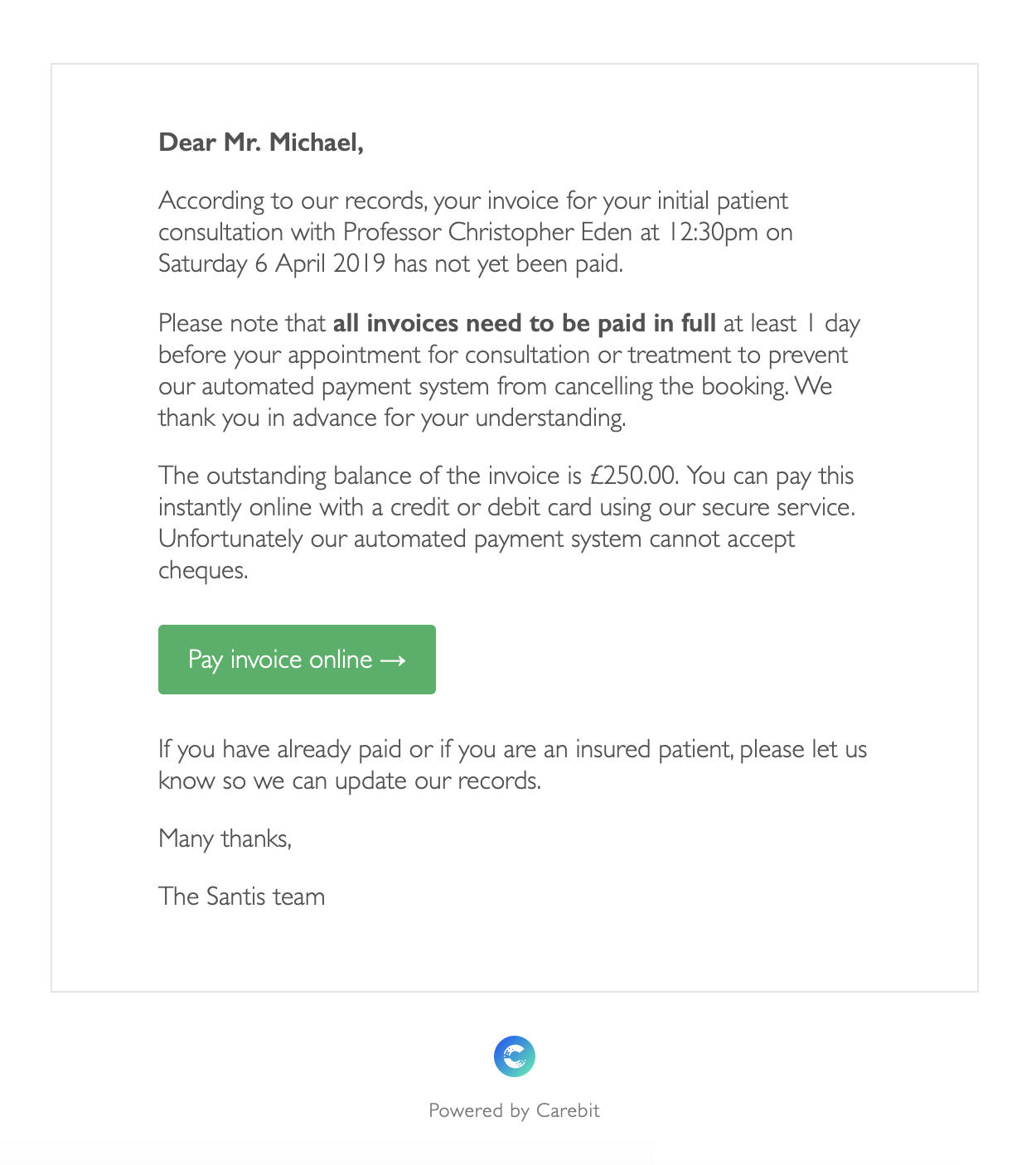 Carebit - payment reminder email